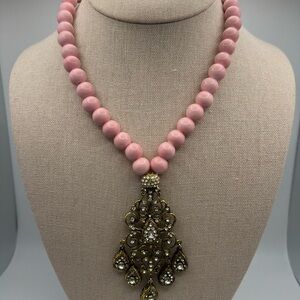 Elegant Pink Beaded Necklace with Gold Pendant